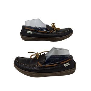 LL BEAN Hand Sewn Moccasin Slippers Pebble‎ Leather Flannel Lined Mens 8